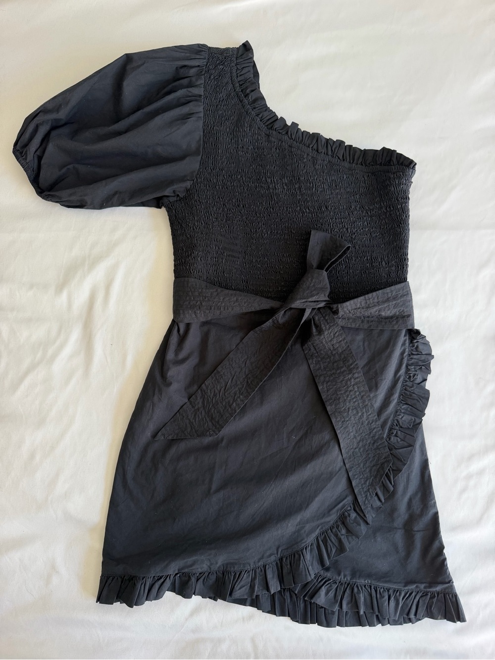Cleobella "Cassidy" Organic Cotton Black One Shoulder Puff Sleeve Mini Dress